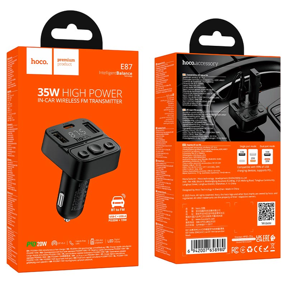 FM- модулятор HOCO E87 Delta /PD20W+15W /1*Type-C+2*USB /BTv5.4 | Зображення 1