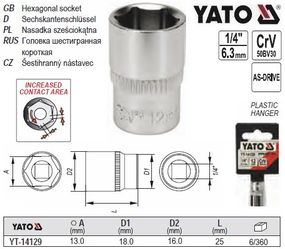 Головка торцевая 6-гранная 1/4" М13 Польша YATO YT-14129
