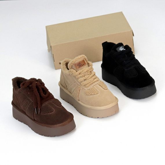 Замшеві Шоколадні кросівки уггі з хутром Тедді на потовщеній підошві | Зображення 9