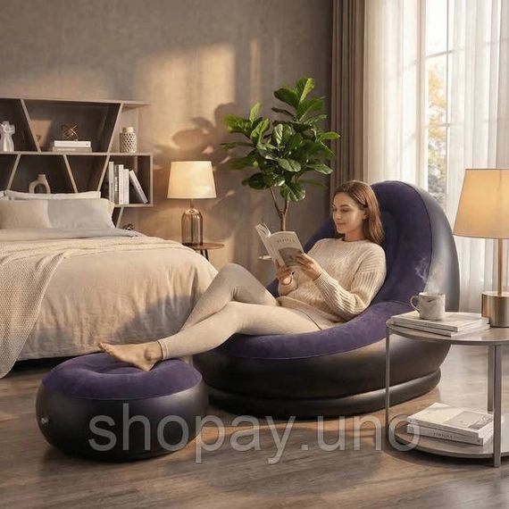 Надувное кресло с пуфом для отдыха AIR SOFA велюровое Purple DX-26 | Зображення 3