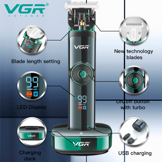 Акумуляторна машинка для стрижки VGR V-671, 4 насадки, LED дисплей | Зображення 2