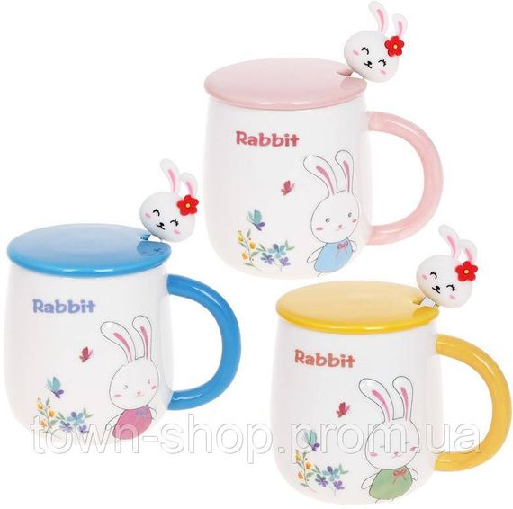 Кружка фарфоровая "Rabbit" 430мл с крышкой и ложкой, 3 дизайна BD-927-223