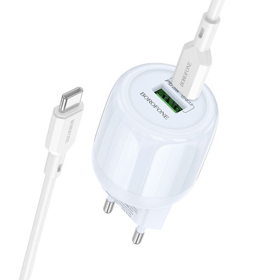 МЗП Borofone BA93A Lustrous PD20W+QC3.0 (1USB-A/1C) + кабель Type-C to Type-C Blue