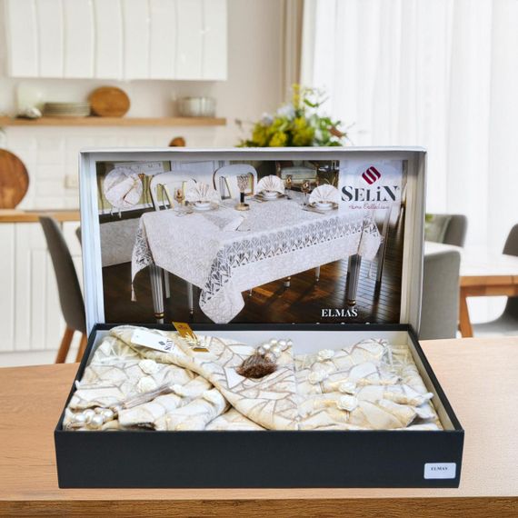 Cкатертина Selin Elmas Set 160×350+12 серветок кремова | Зображення 1