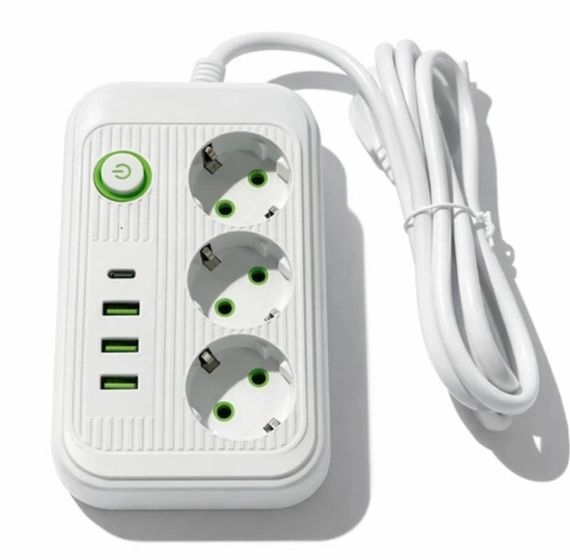 Мережевий фільтр Power Socket подовжувач 3 м для дому та офісу 4 USB-порти 3 розетки 5V 2.4A 2500 Вт Білий