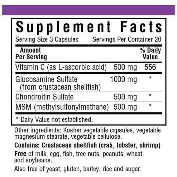 Препарат для суглобів та зв'зок Bluebonnet Nutrition Glucosamine Chondroitin Plus MSM 60 Veg Caps | Зображення 1