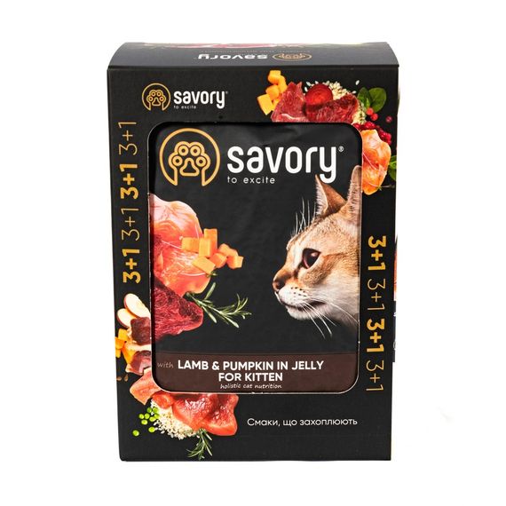 Набір паучів 3+1 Savory Kitten Lamb and Pumpkin in Jelly для кошенят шматки в желе з ягням та гарбузом 4х85 г | Зображення 3