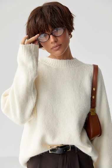 Теплий в'язаний светр oversize - молочний цвет, ONE SIZE (є розміри)