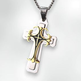 Модный мужской крестик хрестианский крест амулет тотемный рельеф с золотым узором