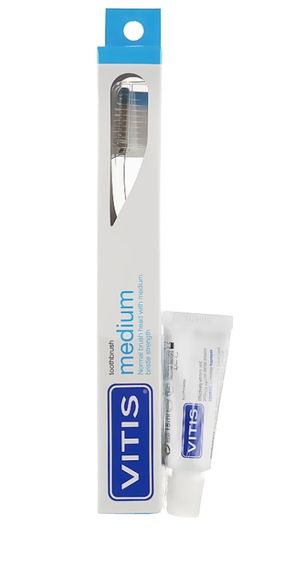 Зубна щітка VITIS MEDIUM прозора, середньої жорсткості + паста VITIS WHITENING, 15 мл (DENTAID)