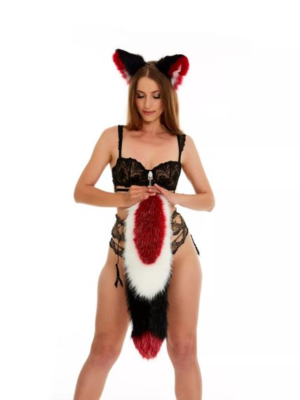 Анальний хутряний хвіст без пробки, Триколірний: Темно-червоний, білий, чорний з червоним кінчиком, OKOVA 60 см. sexstyle | Зображення 5