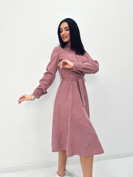 Женское модное вельветовое платье миди с поясом GF08575 цвет пудровый, размер 42/44 | Зображення 2