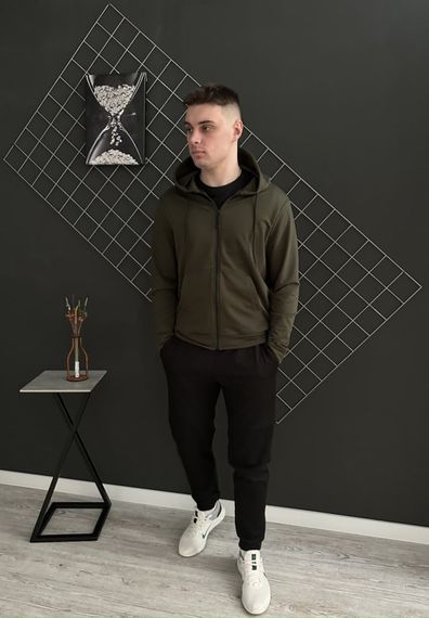 Демісезонний базовий спортивний костюм кофта на змійці хакі + чорні штани (двонитка) RD060/RD063 | Зображення 3