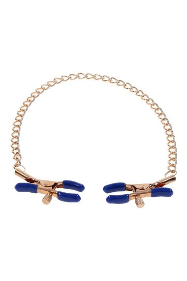 Золотисті затискачі для сосків Sex & Mischief Cougar Chained із синіми наконечниками sexstyle