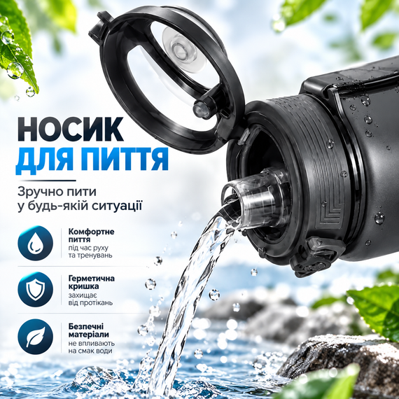 Бутылка для воды KANGZYUAN 500 мл спортивная черная Tritan BPA Free ударопрочная с герметичной крышкой и съемным фильтром | Зображення 4