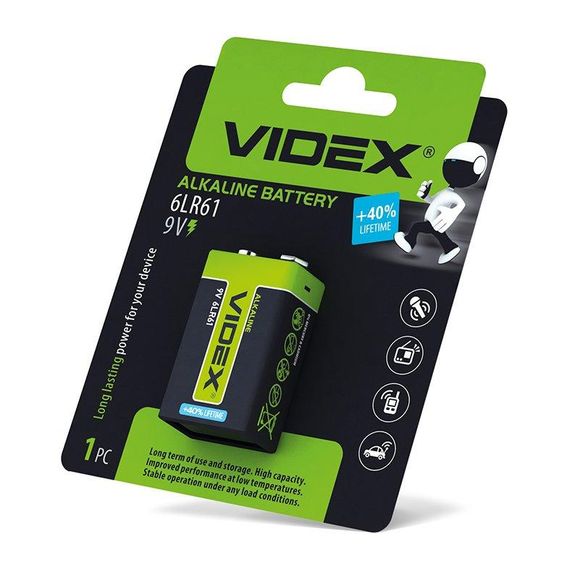 Батарейка лужна Videx 6LR61/9V (Крона) 1шт BLISTER | Зображення 1