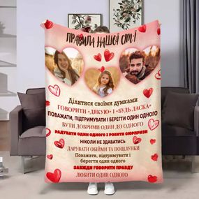 Плед 3D зі своїм фото для сім'ї Правила сім'ї Люблячі серця 17893 135х160 см