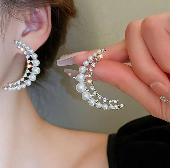 Серёжки "месяц" с жемчужинами, сережки с месяцем, сережки с жемчужинами, сережки с жемчужинками, серёжки | Зображення 1