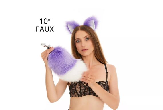 Анальний хутряний хвіст без пробки, Фіолетовий з білим кінчиком, OKOVA Sex Aura