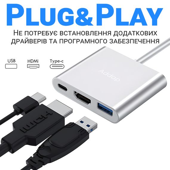 Мультифункциональный USB Type-C хаб Addap MH-06, разветвитель для ноутбука, macbook 3в1: USB 3,0+HDMI+Type-C | Зображення 7
