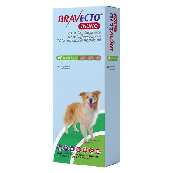 Таблетки від кліщів, бліх та глистів для собак 10-20 кг Bravecto TriUNO, 3 шт