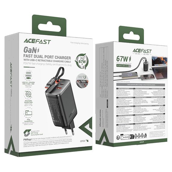 СЗУ Acefast A111 GaN With Retractable Cable Type-C PD67W (1USB-A/1C) Black | Зображення 5