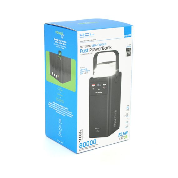 Powerbank ACL PW-152 80000mAh, 22.5W, 2xUSB, 4 кабелі (USB/Micro/Type-C/Lighting), Ліхтар, 1.4кг, Black, Box | Зображення 3