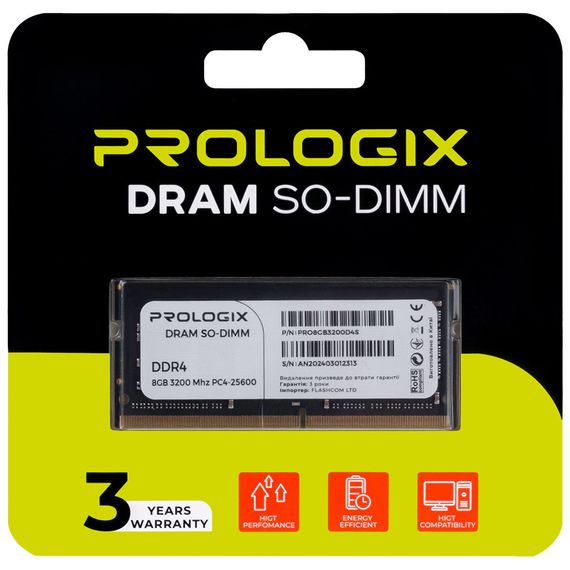 Модуль пам'яті для ноутбука SoDIMM DDR4 8GB 3200 MHz Prologix (PRO8GB3200D4S) | Зображення 3