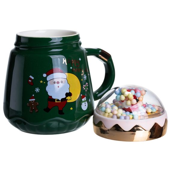 Чашка фарфоровая с крышкой Christmas 400 (мл) Зеленый Yiwu FM-CS-41A | Зображення 2