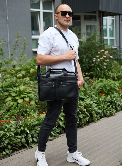 Чоловічий портфель для ноутбука 38х28х8, офісна шкіряна сумочка, міська чоловіча ділова сумка, чорна | Зображення 3