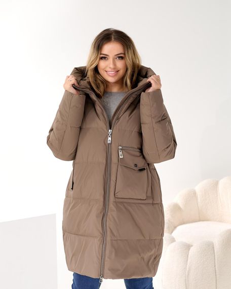 Стильний оливковий пуховик на зиму з кишенею для мобільного в великих розмірах | Зображення 9