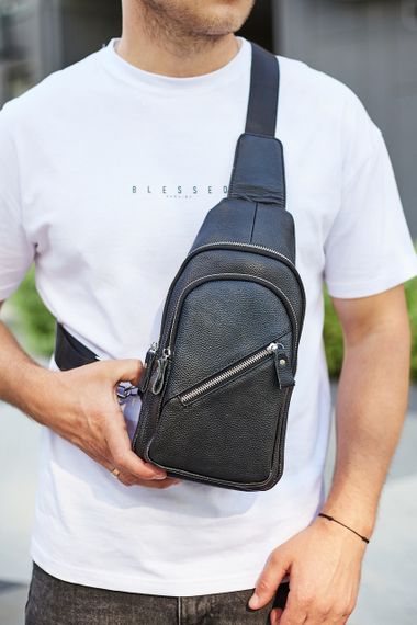 Чоловічий слінг сумка через плече шкіряна чорна Tiding Bag 33737 | Зображення 1