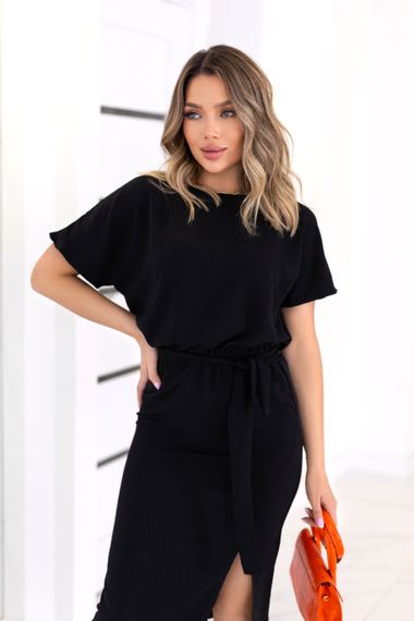 Женское летнее платье миди с коротким рукавом с разрезом и поясом GF9037 цвет черный размер 42/44 | Зображення 1
