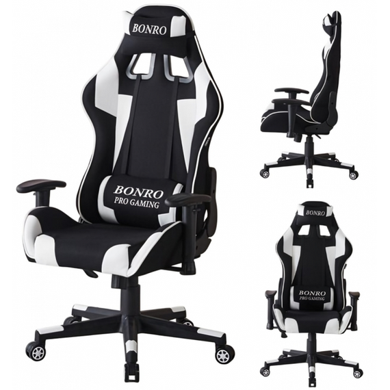 Крісло геймерське з тканини Bonro Бонро B-142 чорно-біле + 2 подушки (42401118)