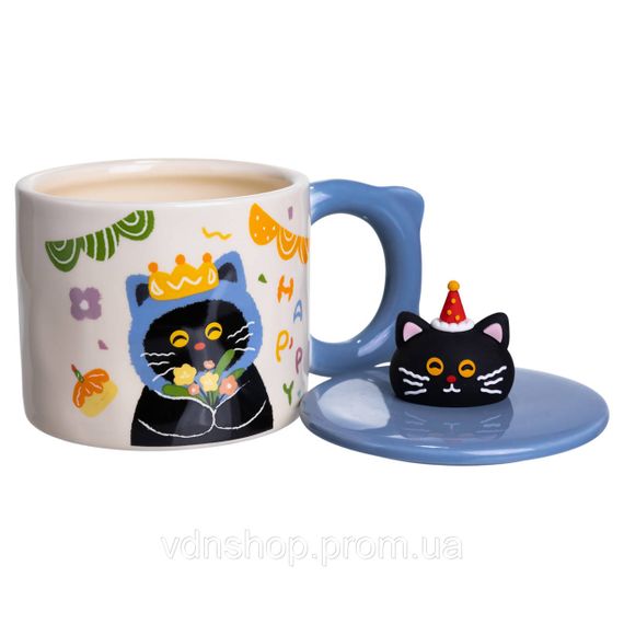 Кубок порцелянова з кришкою Kitten's Birthday 400 (мл) подарункова кружка прикольна чашка для дітей на подарунок Синій FM-24A | Зображення 2