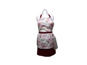 Фартук женский для приготовления ONESIZE бордовый розовые пионы с вафельным бежевым полотенцем 30*50 см.