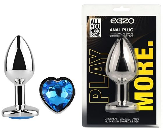 Анальная пробка EGZO Silver Heart Plug Blue S из медицинской стали с синим кристаллом-сердцем Sex Aura