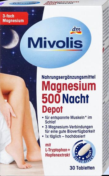Вітаміни Mivolis нічний Магній 500 мг. з L-триптофаном та екстрактом хмелю для заспокоєння нервової системи, 30 шт., Німеччина