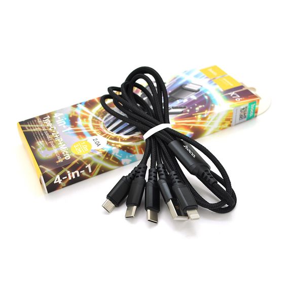 Кабель HOCO X76 USB-1 4 in 1 Micro/Iphone/2xType-C, 2A, довжина 1м, Black
