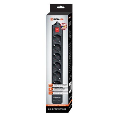 Сетевой фильтр питания REAL-EL REAL-EL RS-6 PROTECT USB, 5m, black (EL122300018) (EL122300018) | Зображення 1