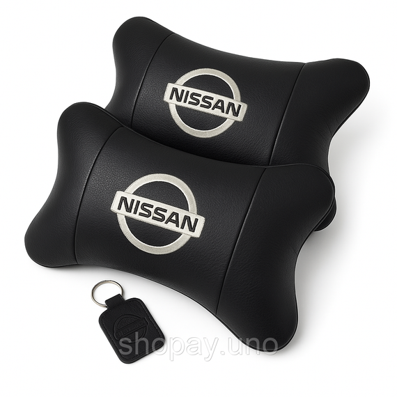Подушки в авто 2 шт Nissan, натуральна шкіра, з логотипом Ніссан, на підголівник для вашої машини