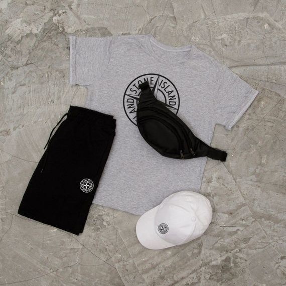 Костюм футболка + шорти + кепка та бананка Stone island колір сірий/чорний/білий