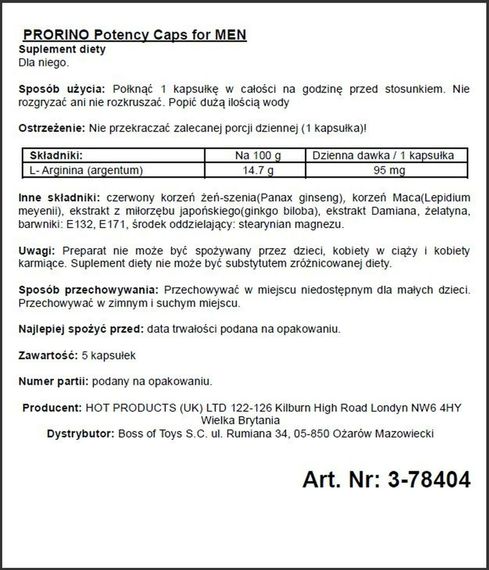 Збудливі капсули для чоловіків ERO PRORINO black line Potency (ціна за 5 капсул в упаковці) | Зображення 1
