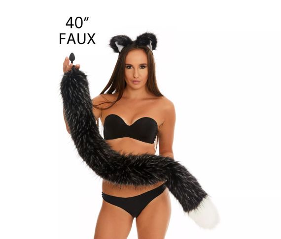 Анальный меховой хвост без пробки, Чернобурый с белым кончиком, OKOVA 100 см. Sex Aura