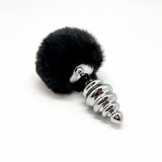 Металева анальна пробка Кролячий хвостик Alive Fluffy Twist Plug L Black, діаметр 3,8 см | Зображення 1