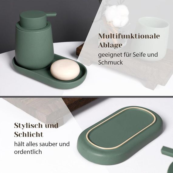 Набір аксесуарів для ванної 3 шт дозатор для мила 350 мл, стакан для щіток 320 мл, підставка для прикрас, зелений, кераміка | Зображення 3