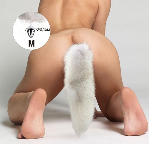 Металлическая анальная пробка с хвостом из натурального меха Art of Sex size M White fox | Зображення 3