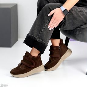 Шоколадные замшевые зимние спортивные ботинки, молния + липучка