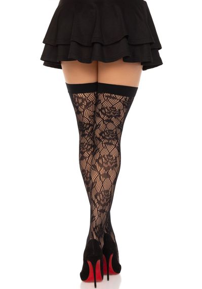 Панчохи Leg Avenue Wild rose net thigh highs, One Size, чорні, широка резинка, малюнок-троянди | Зображення 1