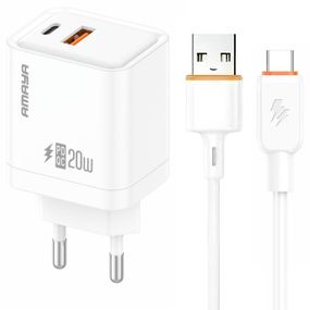 МЗП Amaya E77D PD20W+QC3.0 (1USB-A/1C) + кабель USB to Type-C White